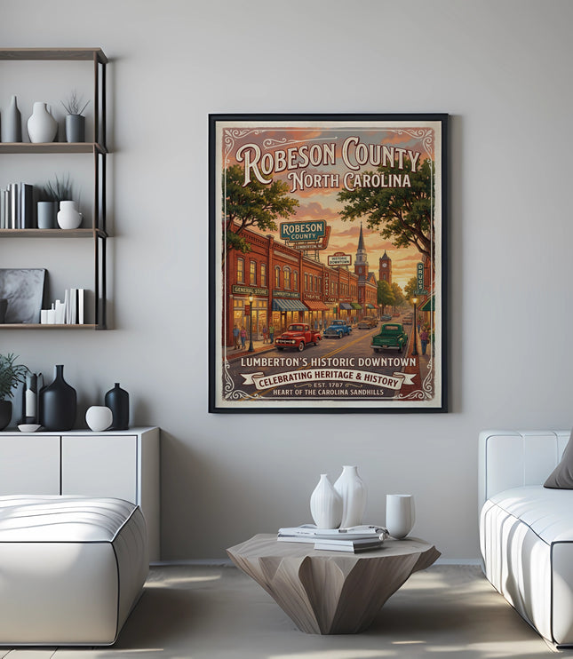 Robeson County North Carolina poster showing Lumberton's historic downtown.