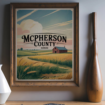 Vintage McPherson County Kansas landscape with red barn and fields.