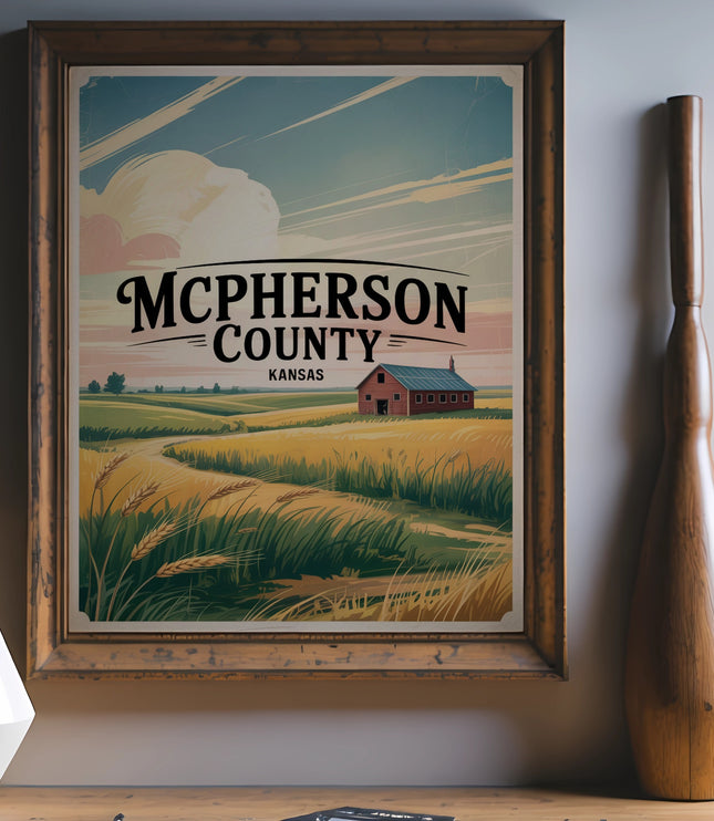 Vintage McPherson County Kansas landscape with red barn and fields.