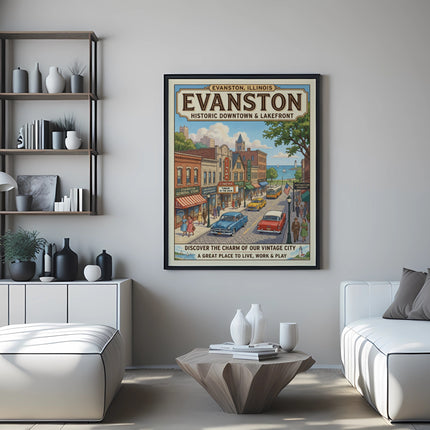 Vintage style print of Evanston, Illinois historic downtown and lakefront scene.