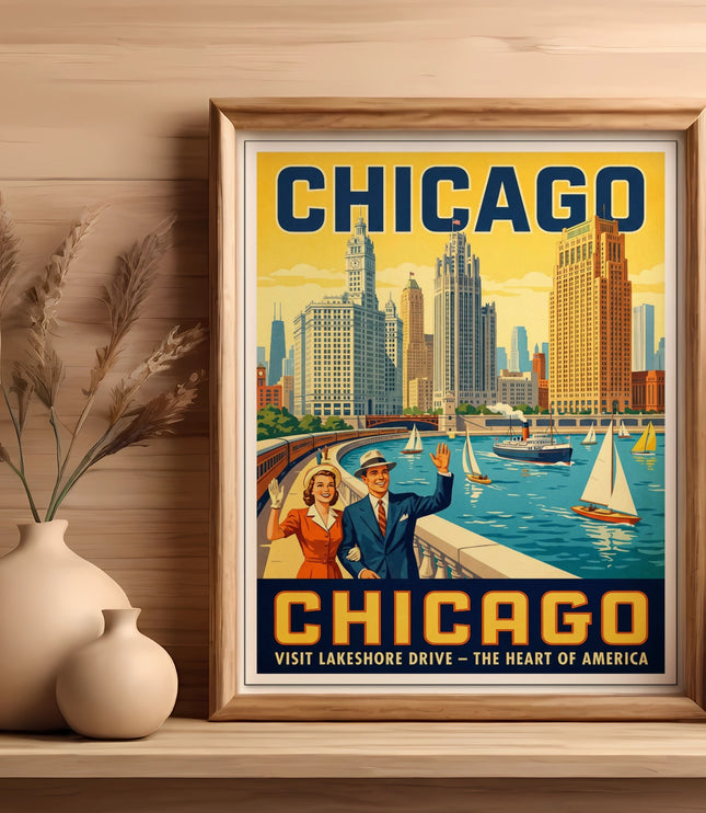Vintage Chicago skyline poster with a couple waving from a promenade overlooking the water.