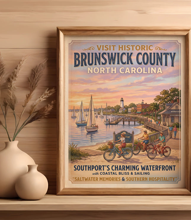 Poster depicting Brunswick County with sailboats and people cycling.
