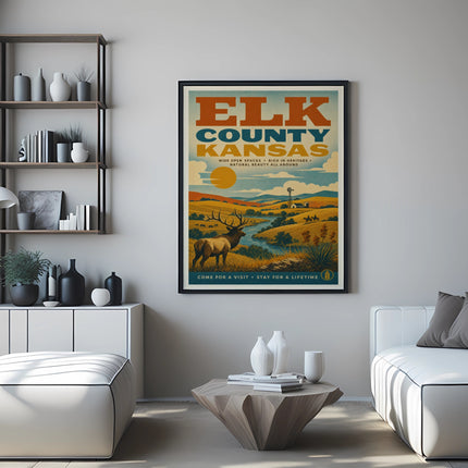 Elk County, Kansas travel poster with landscape and text.