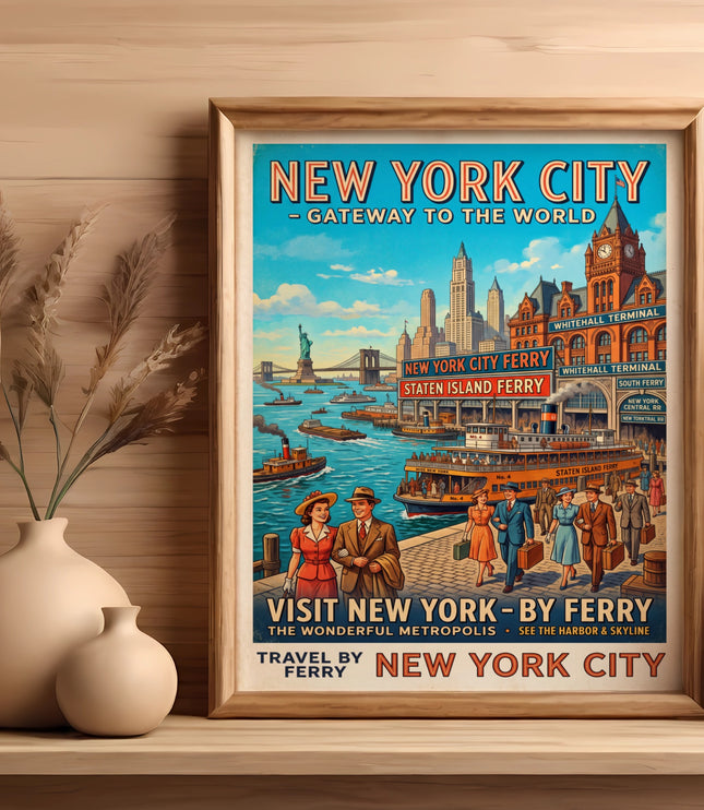 Vintage New York City ferry travel poster with buildings, boats, and people.