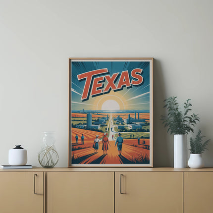 Illustration of Texas landscape with buildings and people walking towards a bright sun.