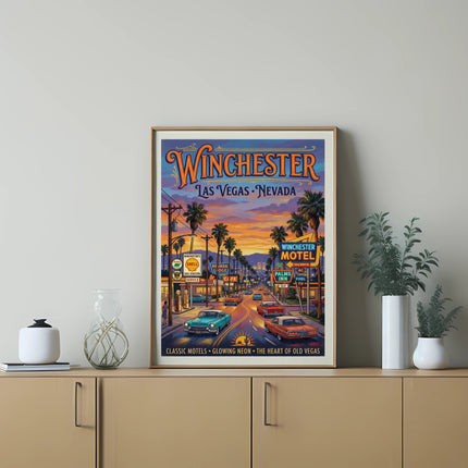 "Winchester, Las Vegas, Nevada" mid-century poster depicts vintage cars and neon signs.