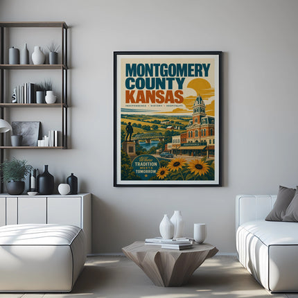 Montgomery County, Kansas travel poster with vintage illustrations and sunflowers.