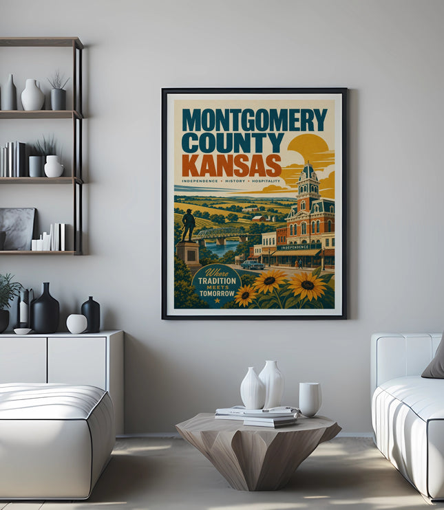 Montgomery County, Kansas travel poster with vintage illustrations and sunflowers.