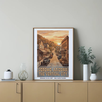Jerome, Arizona "The Vertical City" poster featuring vintage cars and buildings.
