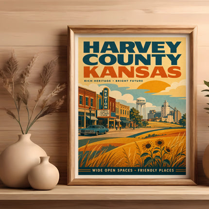 Poster for Harvey County, Kansas, featuring "Newton" and sunflowers.