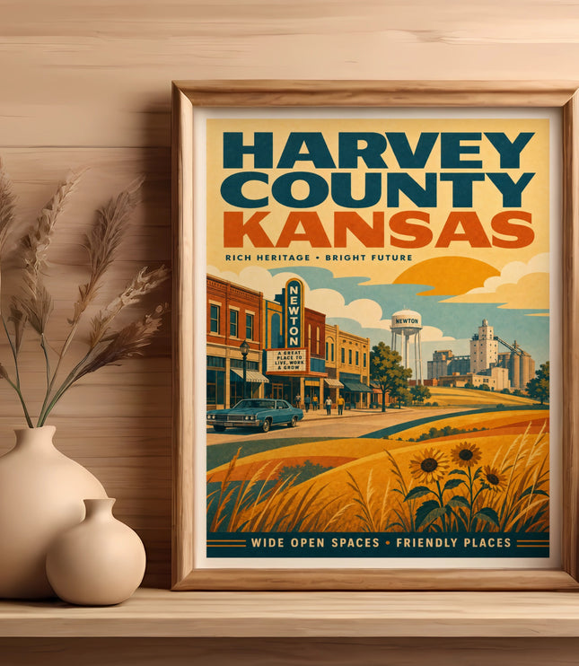Poster for Harvey County, Kansas, featuring "Newton" and sunflowers.