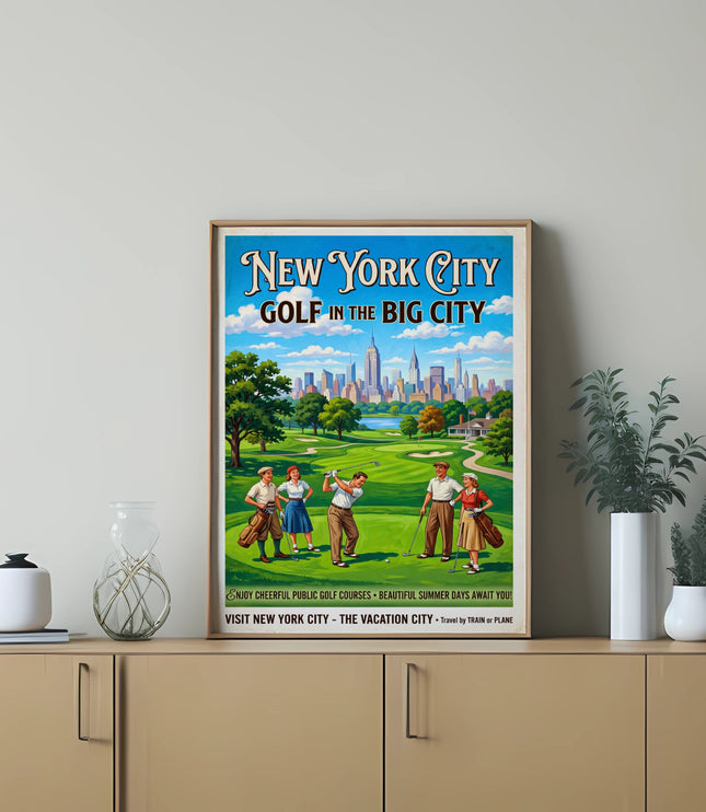 New York City Golf in the Big City poster featuring golfers and skyline.
