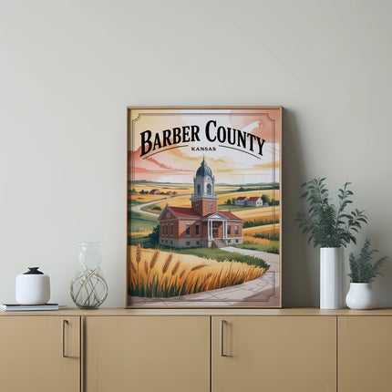 Barber County, Kansas poster featuring a building with a dome amidst wheat fields.