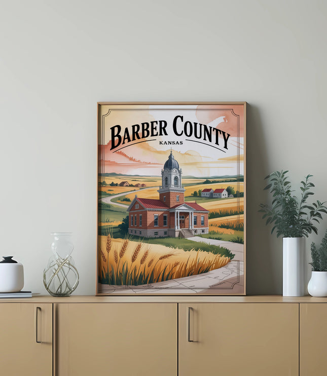 Barber County, Kansas poster featuring a building with a dome amidst wheat fields.