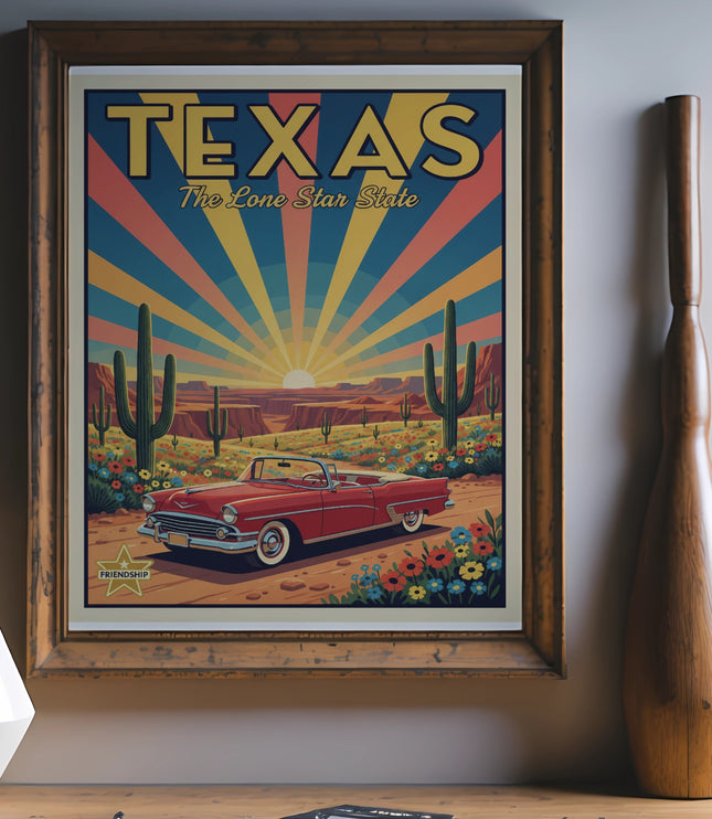Retro Texas Lone Star State poster with desert landscape, cactuses, and a red convertible.