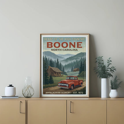 Poster for Boone, North Carolina showing log cabins, mountains, and a red pickup truck.