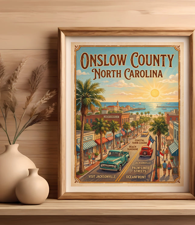 Vintage poster of Jacksonville, North Carolina, featuring a coastal town scene with palm trees and classic cars.