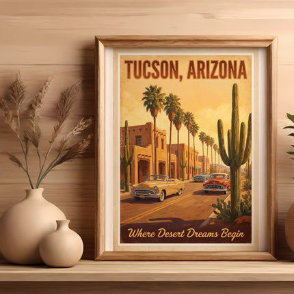 Tucson, Arizona retro poster with desert landscape and vintage cars. "Where Desert Dreams Begin".