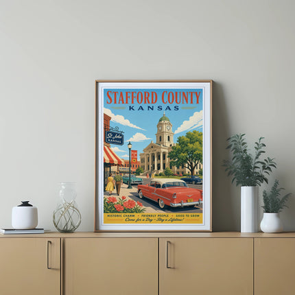 Vintage poster for Stafford County, Kansas, featuring St. John town and a classic car.