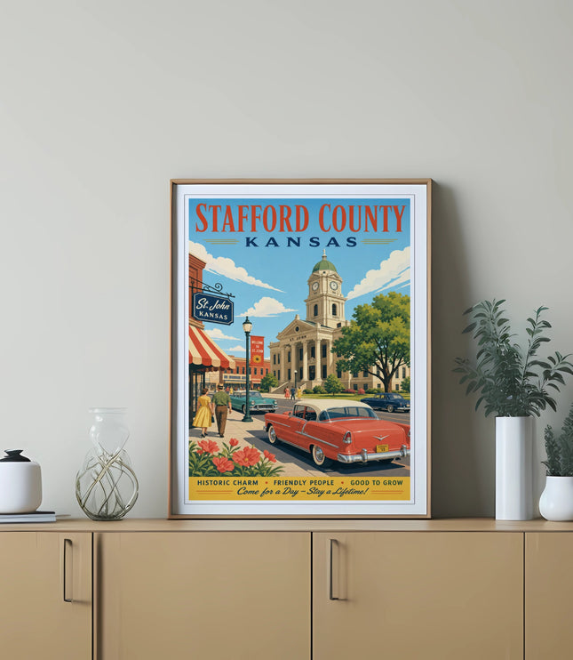 Vintage poster for Stafford County, Kansas, featuring St. John town and a classic car.