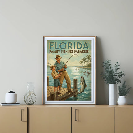 Vintage Florida Family Fishing Paradise poster with father and son on a dock.