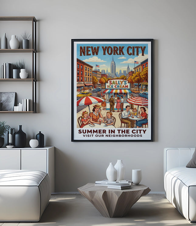 Vintage New York City poster featuring Sally's Ice Cream with text.