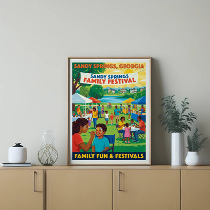 Sandy Springs, Georgia Family Festival poster with people enjoying activities.