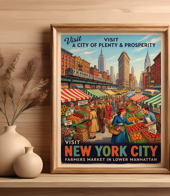 New York City farmers market poster with skyscrapers, elevated train, and people shopping.