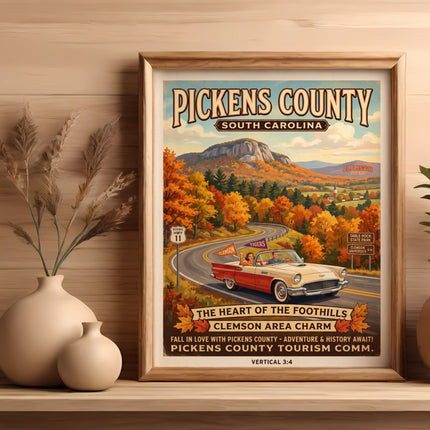 Vintage travel poster of Pickens County South Carolina with autumn foliage and a classic car.
