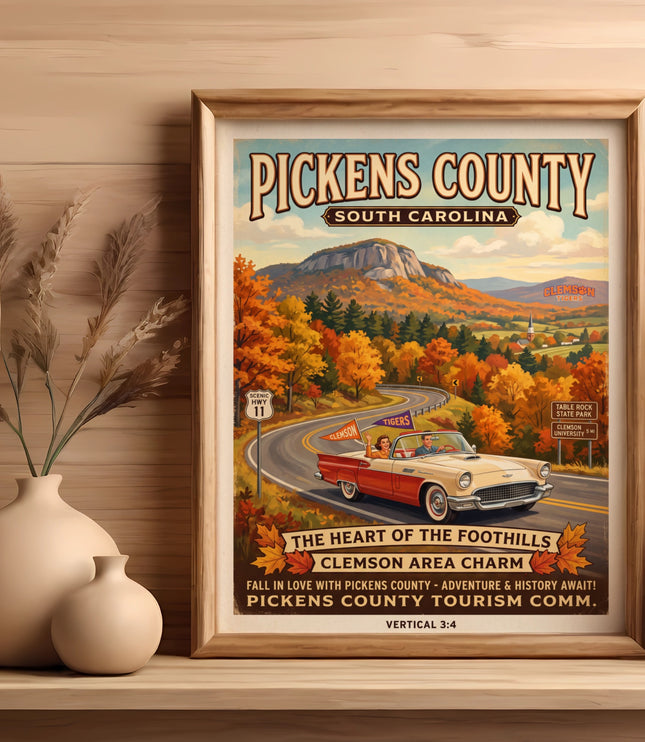 Vintage travel poster of Pickens County South Carolina with autumn foliage and a classic car.