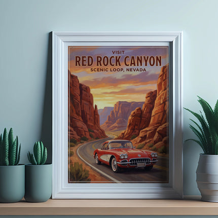 Vintage travel poster depicting a red car driving on a road through Red Rock Canyon, Nevada.