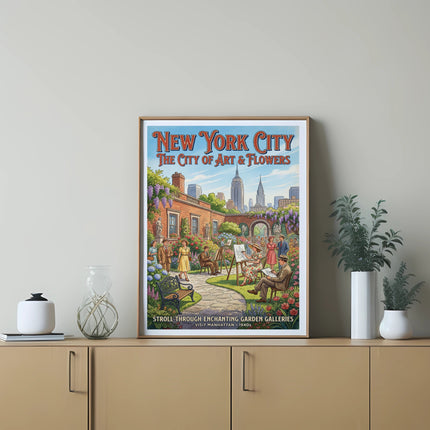 New York City: The City of Art & Flowers poster with 1940s garden scene.