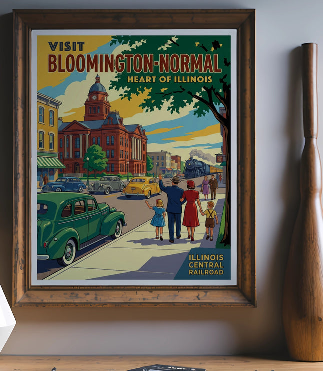 Vintage poster of Bloomington-Normal, Illinois with a family, train, and city buildings.