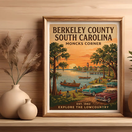 "Berkeley County South Carolina Moncks Corner" travel poster featuring vintage cars and fishing.