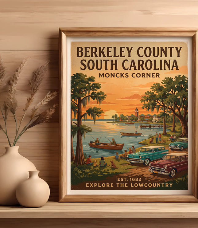 "Berkeley County South Carolina Moncks Corner" travel poster featuring vintage cars and fishing.