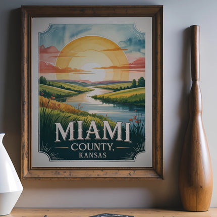 Miami, Kansas vintage travel poster with sunset over rolling hills and river.