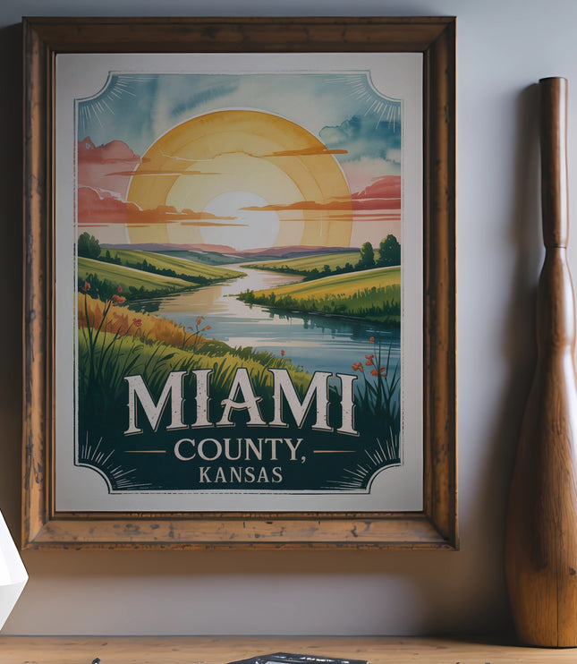 Miami, Kansas vintage travel poster with sunset over rolling hills and river.