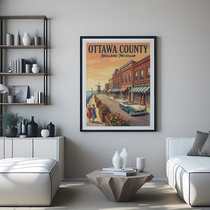 Framed "Ottawa County, Holland, Michigan" retro travel poster with vintage car and windmill illustration.