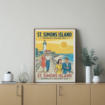 St. Simons Island Georgia's Golden Isle vintage travel poster with lighthouse and couple.