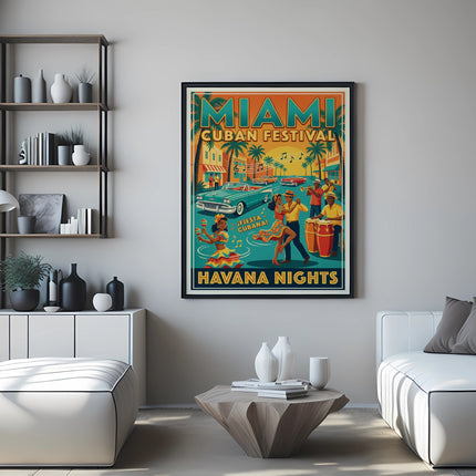 Miami Cuban Festival poster with vintage car and dancers.