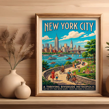 New York City poster with text "A Thriving Riverside Metropolis".