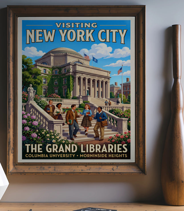 Vintage poster of students visiting Columbia University's Low Memorial Library in New York City.