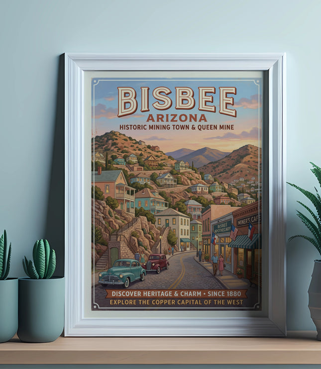 Bisbee Arizona vintage travel poster depicting historic mining town with text.