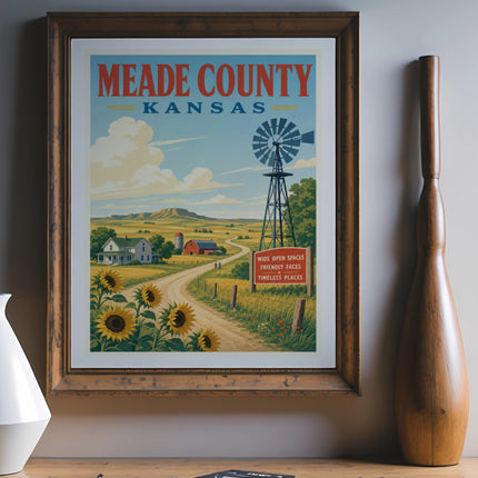 Vintage travel poster for Meade County, Kansas, featuring sunflowers, a windmill, and a farm.