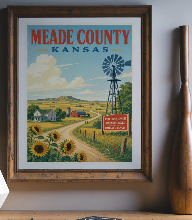 Vintage travel poster for Meade County, Kansas, featuring sunflowers, a windmill, and a farm.