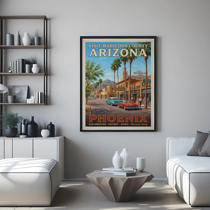 Vintage Arizona travel poster featuring Phoenix street scene with cars and text.