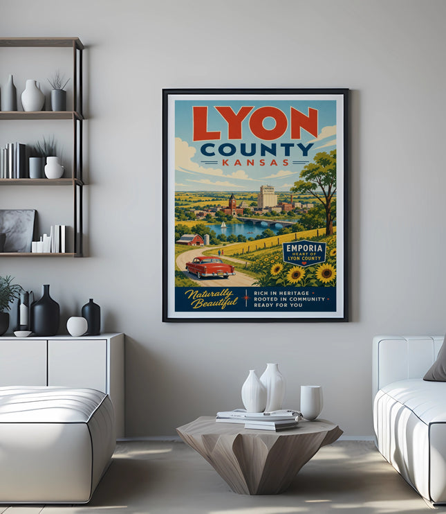 Poster for Lyon County, Kansas, featuring Emporia with a red car and rural landscape.