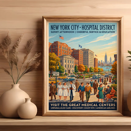New York City Hospital District vintage poster with people and buildings.