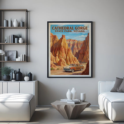 Cathedral Gorge State Park, Nevada vintage travel poster with a station wagon.