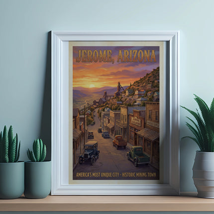 Jerome, Arizona poster with vintage cars and mining town scene at sunset.